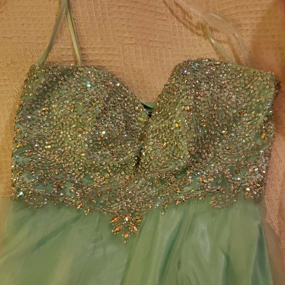 Aqua with silver beading prom formal dress 1x